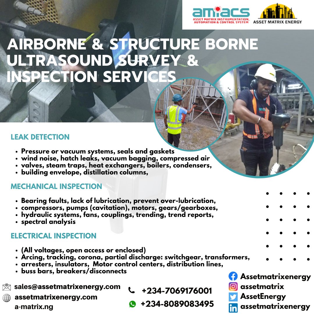 Contact us today to put your equipment on the right track with our world-class Airborne & Structure Borne Ultrasound Survey & Inspection Services. For more inquires! assetmatrixenergy3@gmail.com, sales@assetmatrixenegy.com