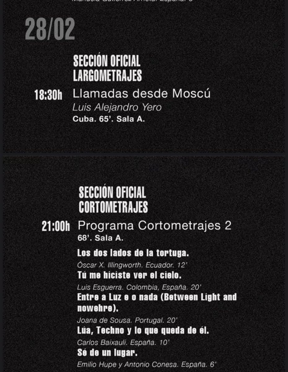 <a href="/festivalibaff/">Festival IBAFF</a> 

⏰ 18:30 horas
📍 Sala A
🎞️ LLAMADAS DESDE MOSCÚ (Luis Alejandro Yero). DCP
🎟️ Entrada libre 

⏰ 21:00 horas
📍 Sala A
🎞️ CORTOMETRAJES SECCIÓN OFICIAL.
🎟️ Entrada libre