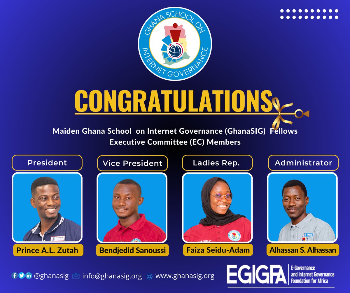 The EGIGFA team and the whole GhanaSIG Fellows community congratulate the first-ever GhanaSIG Fellows Executive Committee (EC) members made up of:

<a href="/followers/">はうはう</a>, <a href="/ICANN/">ICANN</a>, @African,  #ICANN, #AFRALO