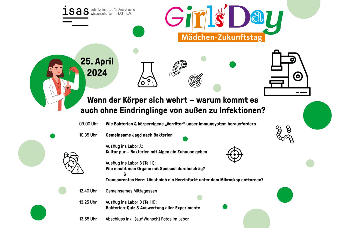 Was haben eine #Infektion & ein #Herzinfarkt gemeinsam? Welche Alarmglocken läuten, wenn unser #Immunsystem angegriffen wird? Um die Antworten zu finden, machen Schülerinnen am #ISAS u.a. Bakterien sichtbar & Organe durchsichtig. 👩‍🔬Anmeldung: tinyurl.com/webp9tkp @Der_GirlsDay