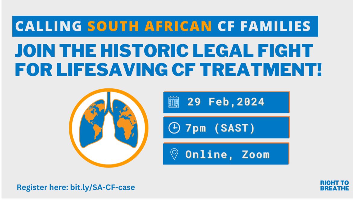 ✴️ URGENT: Call to all South African #CysticFibrosis patients! Join the landmark legal case to win access to life-saving CF medication, Trikafta. Join our webinar tomorrow to find out more: bit.ly/SA-CF-case