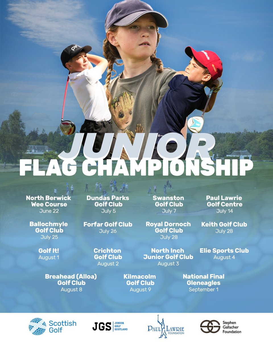 Registrations are now live for the 2024 Scottish Junior Flag Championship ⛳ 🎉 Once again, we're delighted to be partnering with @sgfgolf, @paullawriefound & @juniorgolfscot to increase provision of flag events for juniors in Scotland. Sign up here 👇 scottishjuniorgolf.org/events-competi…