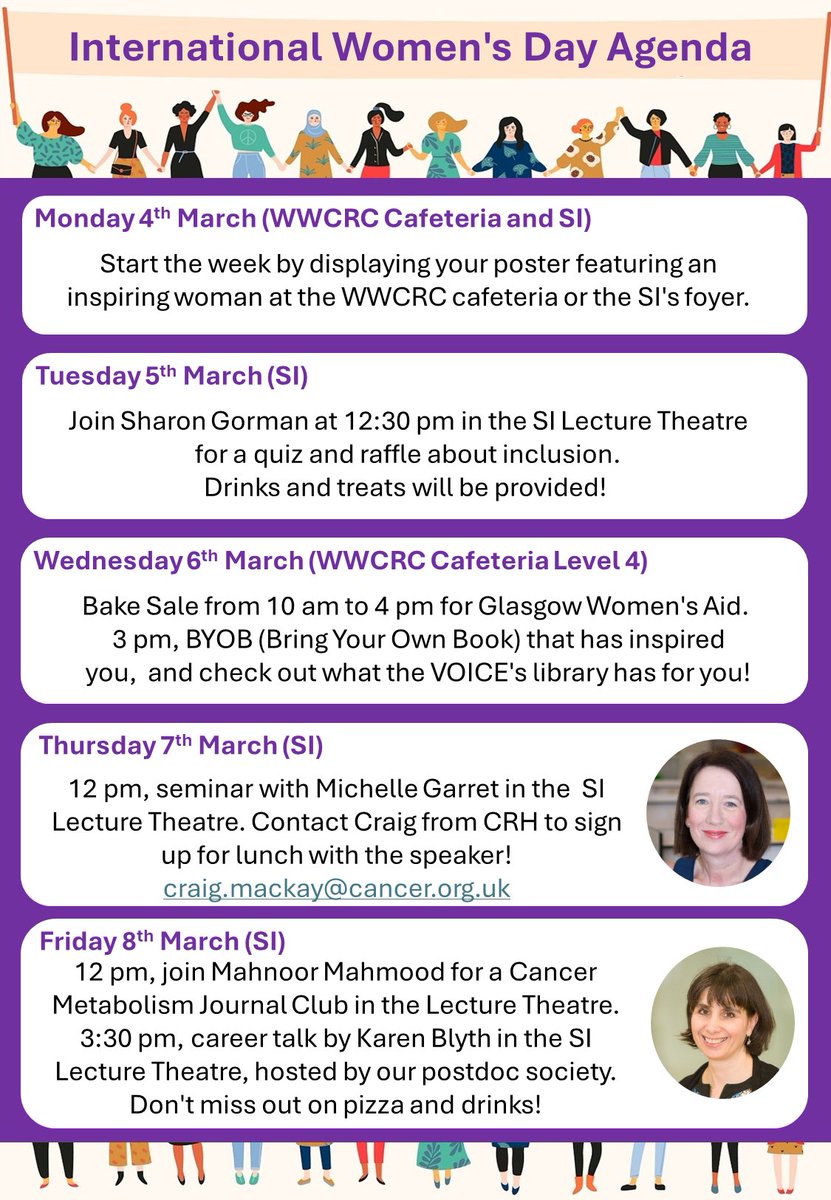 International Women’s Day #InspireInclusion is fast approaching! The @UofGCancerSci VOICE Committee and the @CRUK_SI EDI champions have come together to set up a whole week of activities for EVERYONE to engage and participate 👇♀️🤝📚🍕🍰