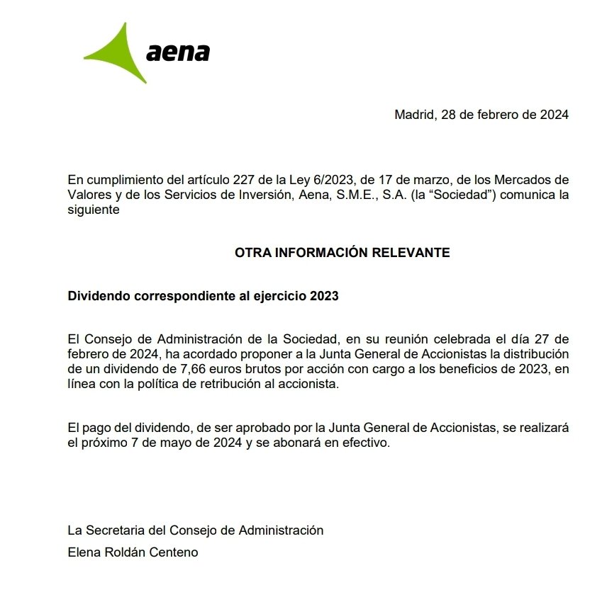 @aena propone el pago de un dividendo de 7,66€ brutos por acción efectivo el 7 de mayo

Un 61% más respecto al del año pasado

#Aena #OperationSeaLion