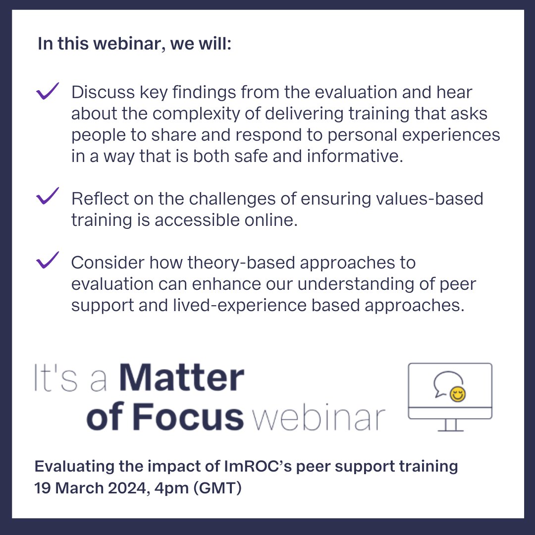 In our next #EvaluationStories webinar, we focus on our independent evaluation of ImROC's (@ImROC_comms) peer support training programme, sharing and reflecting on key findings from the evaluation and the impact this has had across ImROC and beyond. loom.ly/j8Wok-4