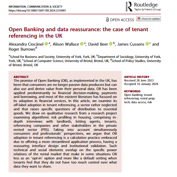 🏦 New paper published in @icsjournal from the Code Encounters @NuffieldFound project about the use of Open Banking in private tenant referencing services by @alexandra_cio, @alisonwyork, Dave Beer, @JamesCussens and @RJBurrows2 #YorkResearch: 🔗 doi.org/10.1080/136911…