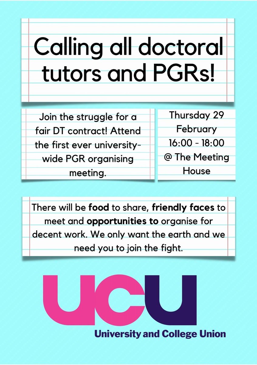 Hi folks join us tomorrow from 4pm-6pm at The Meeting House for a PGR organising meeting! There will be pizza and worker power vibes. All PGRs and DTs welcome! #UCU #PGRs #DoctoralTutor #OrganisingForPower