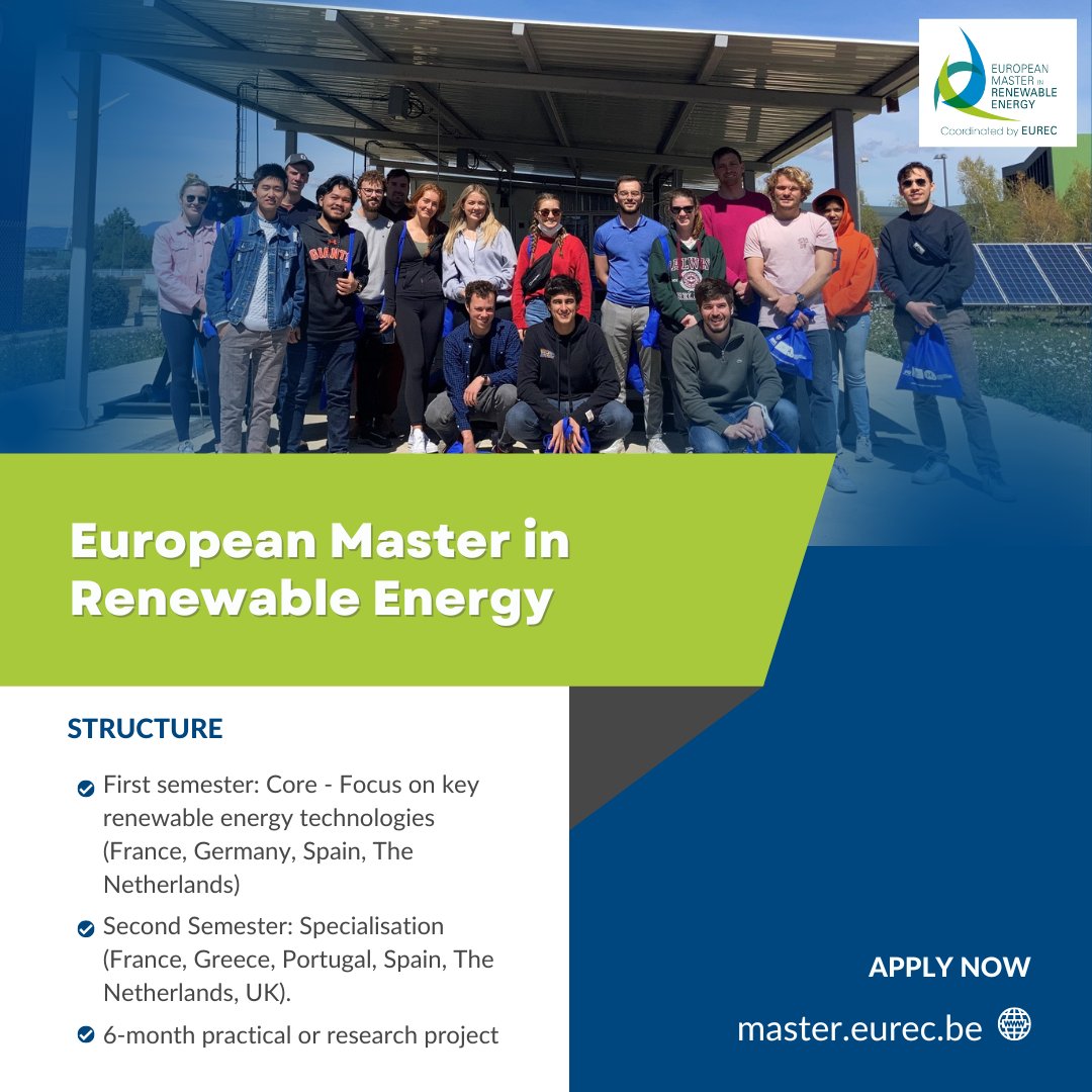 📣Do you want to become tomorrow's #renewableenergy specialist? Apply now and join the European Master in Renewable Energy! 👉master.eurec.be/how-to-apply/ #renewableenergy #EnergyTransition