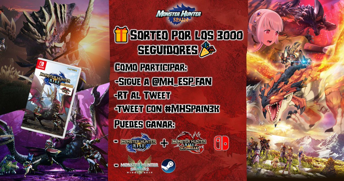 MH_ESP_Fan's tweet photo. 🎁SORTEO POR LOS 3000 SEGUIDORES🎁

❓REQUISITOS:
1⃣Seguir a @MH_ESP_Fan 
2⃣Dar RT al Tweet
3⃣Responder con #MHSpain3K

🎁Premios:
🥇Rise + Sunbreak (Switch en físico)
🥈MH Stories 2 (clave en Steam)

Sorteo solo válido para España 🇪🇸
⌛️Hasta el 6 de marzo⌛️ https://t.co/ujVj1FIfHy