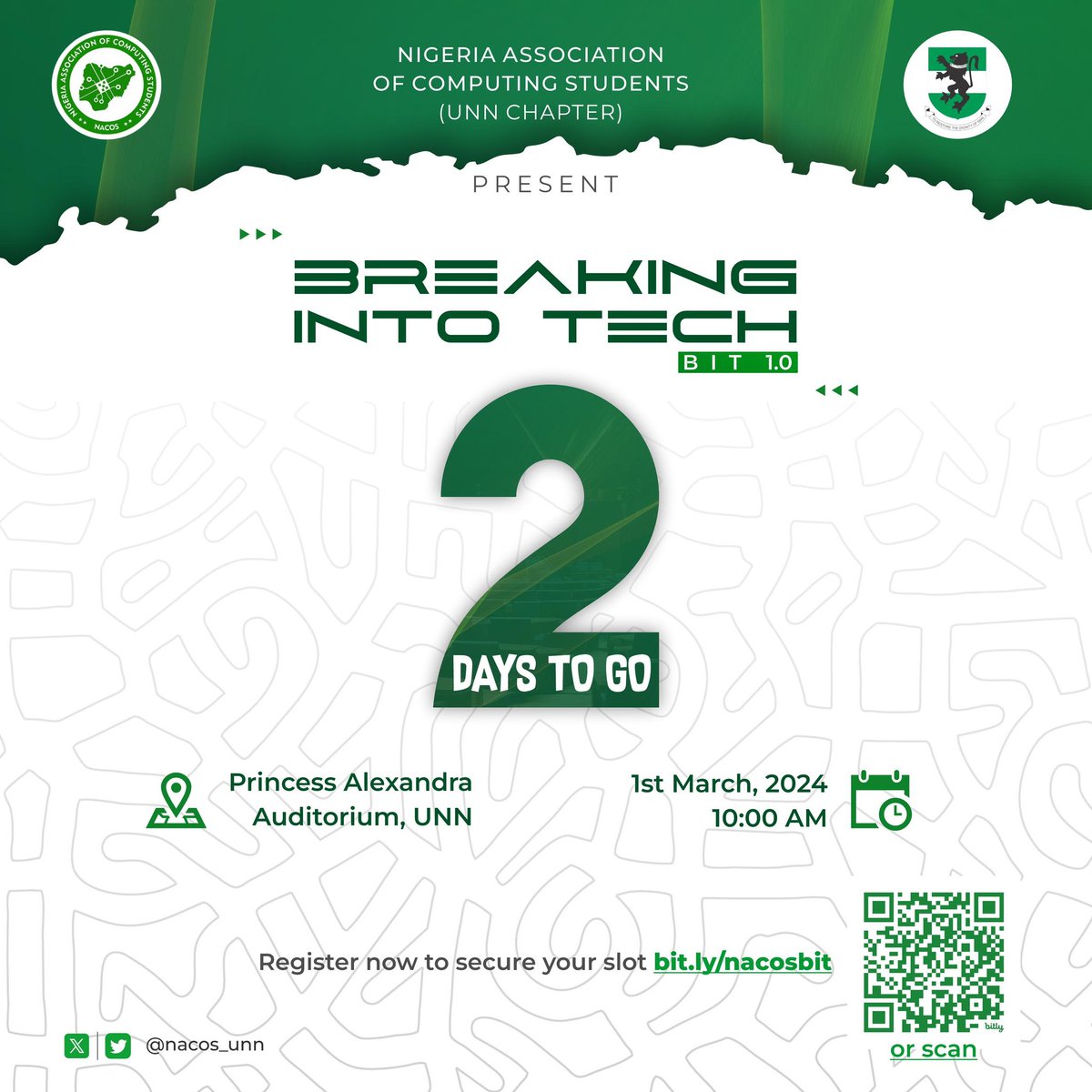 It's just two days left 🙈
Can't wait 🤭
Hope you've registered 😏
Register here now
bit.ly/nacosbit

#BIT1.0
#BreakingIntoTech
#NACOSUNN