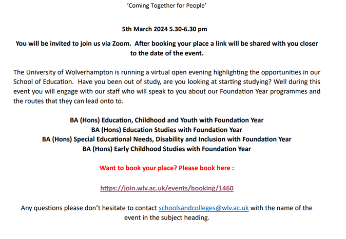 Are you a mature learner interested in a career in education? Come along to our online event on 5th March 5.30-6.30pm to find out about our foundation year routes for mature students. Book your place below: join.wlv.ac.uk/form/virtual-e…