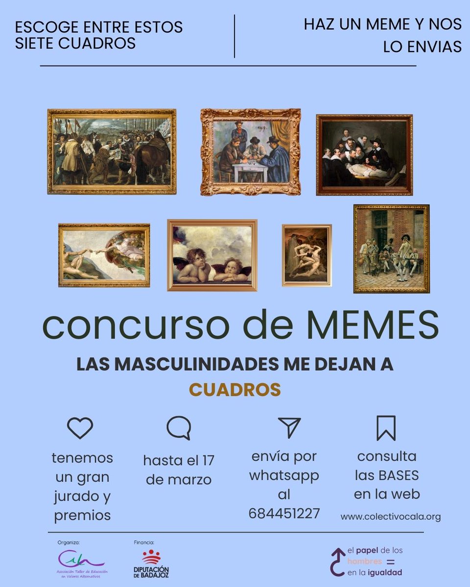 El machismo también se combate con humor, invadamos las redes con MEMES y participa en nuestro concurso. Bases aquí colectivocala.org/concurso-de-me… #masculinidadestransformadoras Del proyecto El papel de los hombres en la igualdad. Financiado por <a href="/DipdeBadajoz/">Diputación de Badajoz</a>