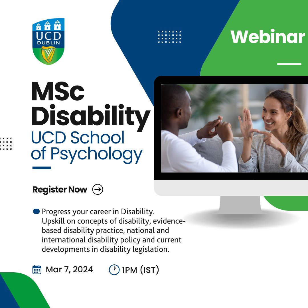 Are you a student interested in pursuing a career in Disability? Or are you a professional looking to upskill to meet future Disability needs? Register for the UCD MSc Disability webinar, hosted by the UCD Centre for Disability Studies. 🗓️ Thursday Mar 7, 2024 ⏰01:00 PM IST…