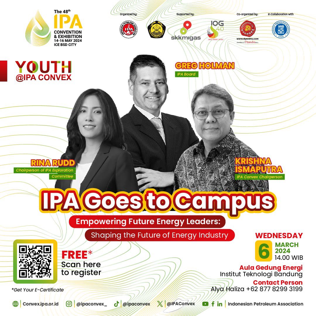 Calling all future energy leaders at Institut Teknologi Bandung!
The IPA Convex in Collaboration with Institut Teknologi Bandung is hosting IPA Goes to Campus 2024.

Don't miss this chance to discover what the future holds for the energy industry.