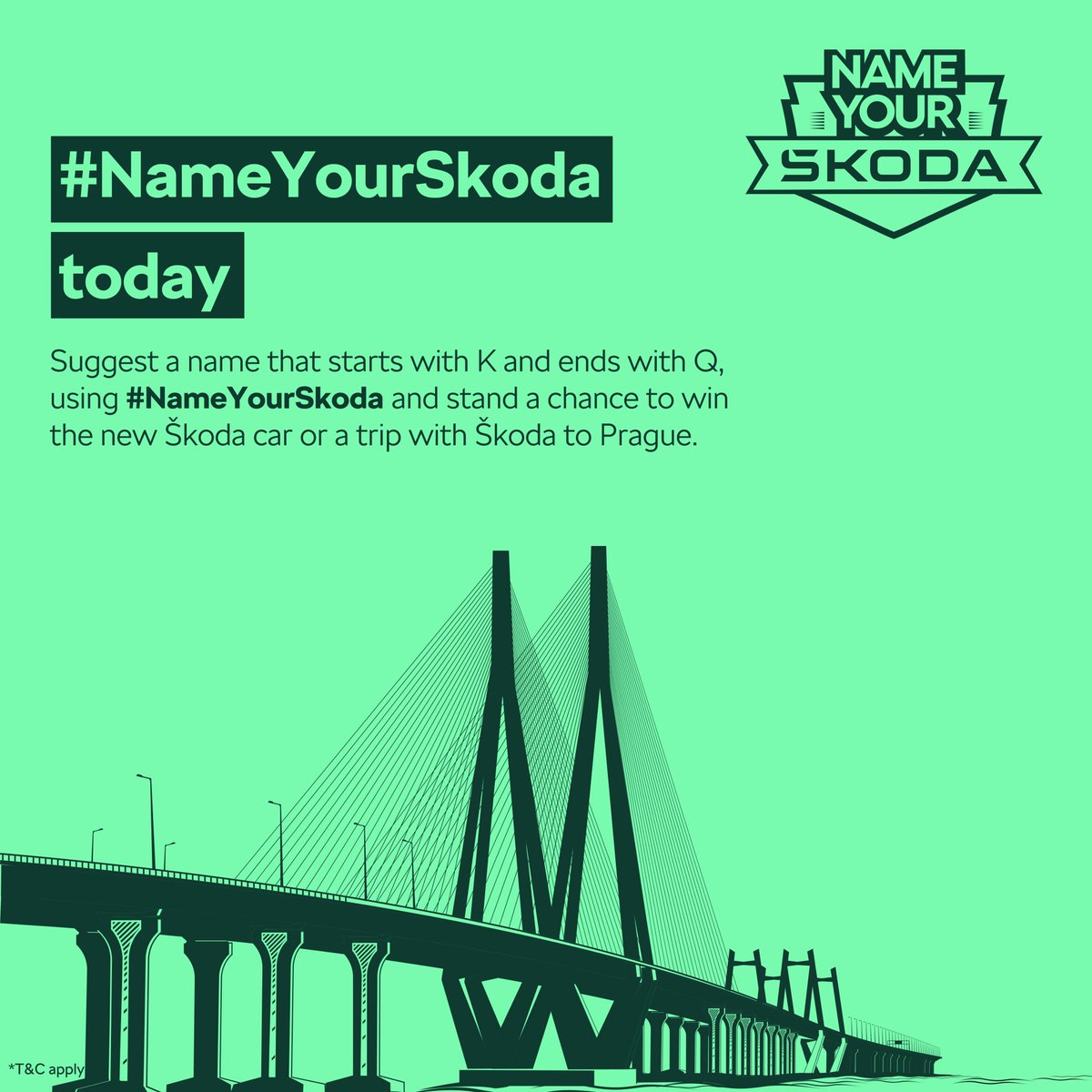 What starts with K and ends with Q? Our new compact SUV.   
Suggest a name to win the new Škoda car or a trip to Prague. 😎. Use #NameYourSkoda in the replies.