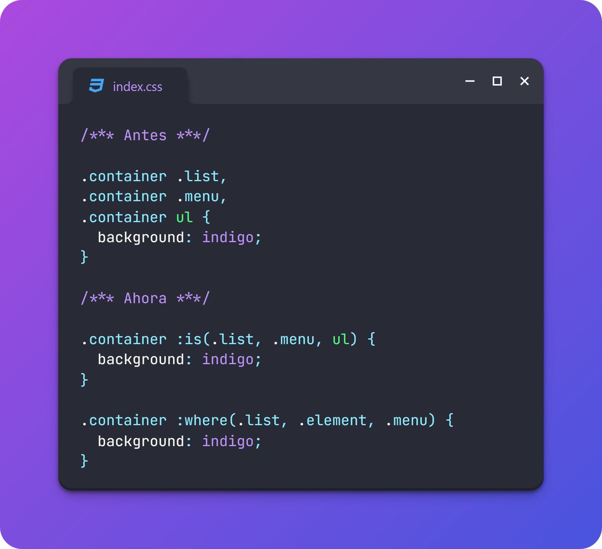 Manz's tweet image. ¿Aún no conoces los combinadores `:is()` y `:where()` de #CSS?
✨ Múltiples selectores en una sola línea
✨ Más compacto, menos código
✨ `:is()` y `:where()` son equivalentes
✨ Con `:where()` menor especificidad (0,1,0) vs (0,2,0)
En el link te explico los detalles ⬇