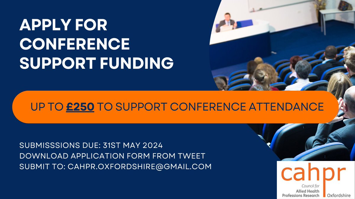 📢Attention allied health professionals!📢 Apply for our NEW conference support funding! Receive up to £250 to present your research/service evaluation/quality improvement project. 💰 Download the application and submit by 👉May 31st: docs.google.com/document/d/13a… #CAHPR