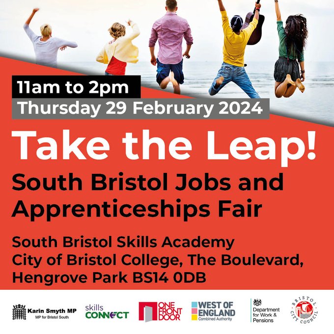 For those looking for their next step in their education or career, Take the Leap with @karinsmyth's South Bristol Jobs and Apprenticeships Fair, this Thursday, 29th February, in partnership with @CoBCollege and @BristolCouncil.