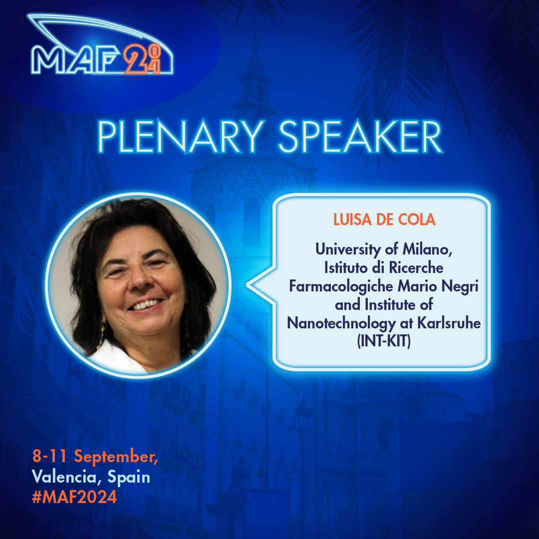 Luisa de Cola (@LuisaDeCola8) from the University of Milano (@LaStatale), Istituto di Ricerche Mario Negri (@MarioNegriIRCCS), and Institute of Nanotechnology at Karlsruhe (@DehnenStefanie) is a highlighted speaker at #MAF2024!

➡️Check outmore info: mafvalencia2024.com/speakers/