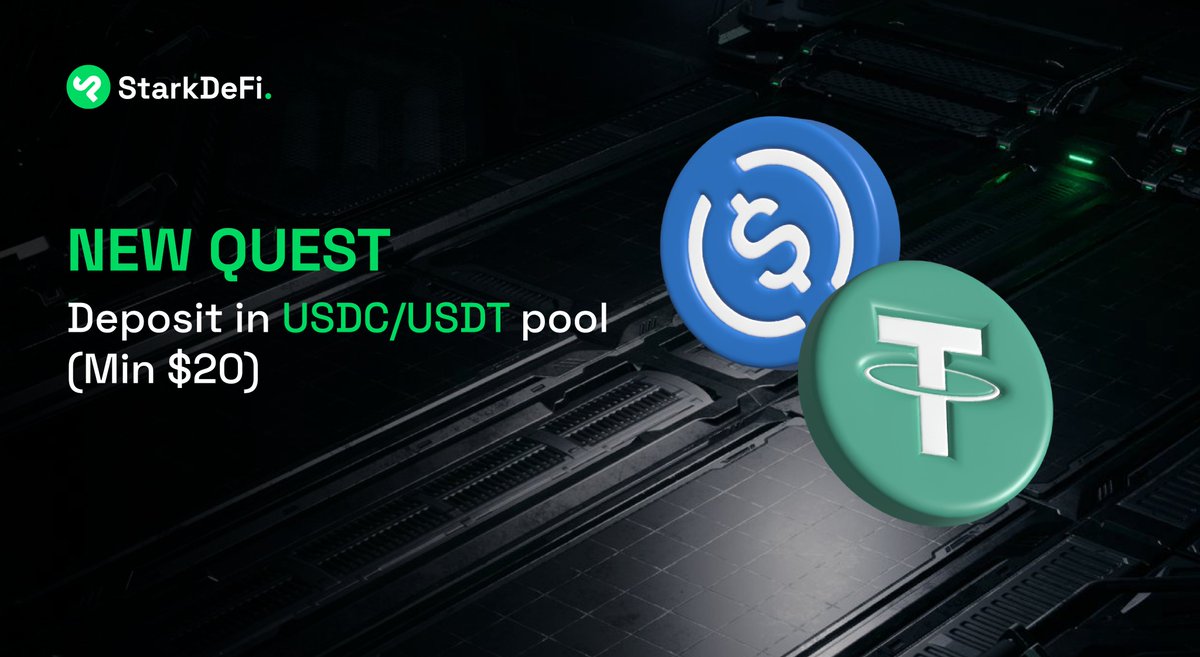 ⚡️ New StarkDeFi Quest ⚡️ Cadets, the next quest is live on @IntractCampaign Add liquidity to the USDC/USDT pool (min $20) and verify here 👇 link.intract.io/v2o4Bz Remember to provide LP to the inncentivized pool displayed to be eligible for $STRK rewards