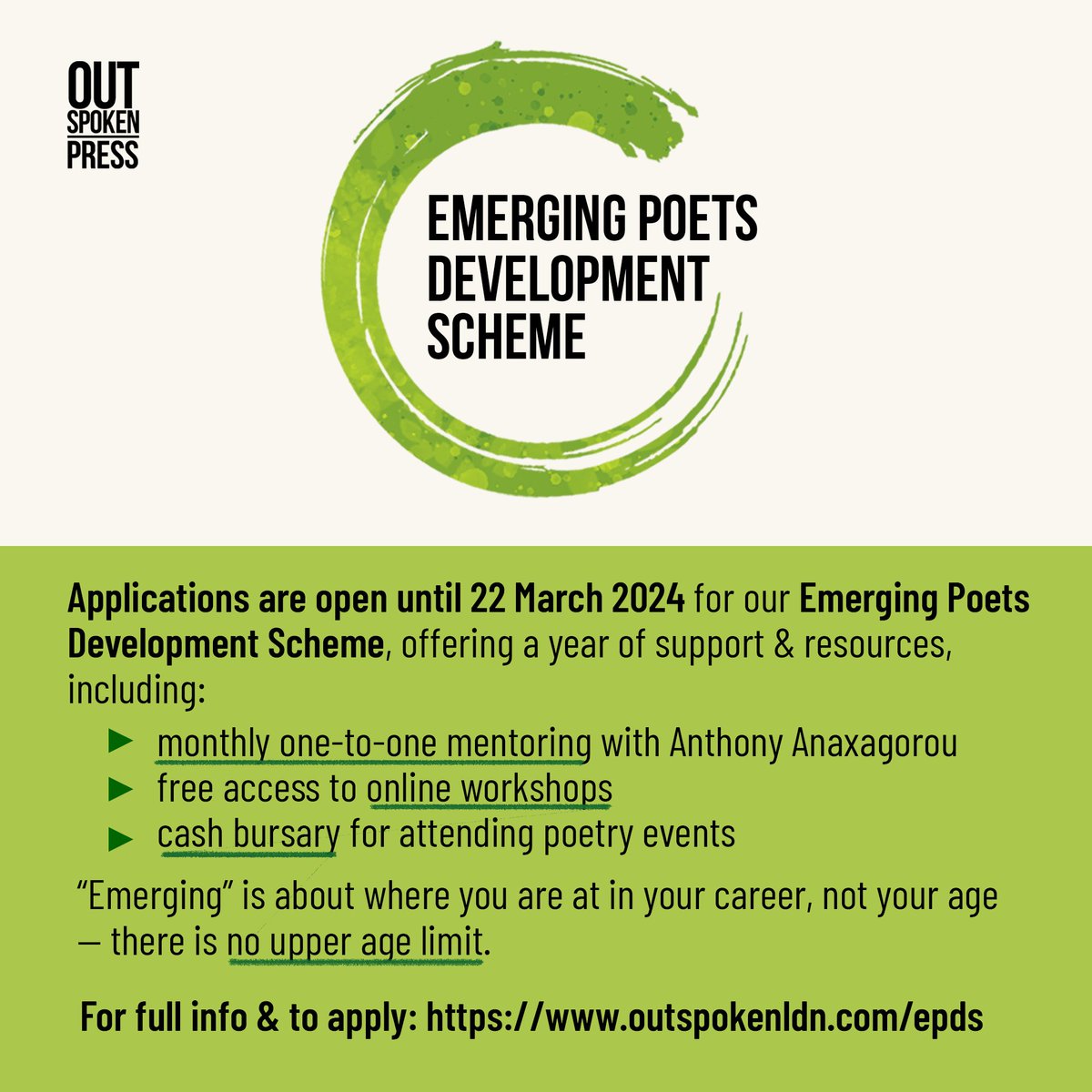 Applications are OPEN to 22 March for the next year of our Emerging Poets Development Scheme, offering a year of resources incl. 1-2-1 monthly mentoring with @Anthony1983 to poets yet to publish a full collection. No upper age limit Full details & apply: outspokenldn.com/epds