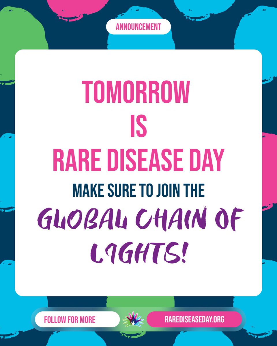 Tomorrow is #RareDiseaseDay! Join the Global Chain of Lights! 🌍 The rare disease community will unite to spread solidarity with monuments, offices, schools, and homes lighting up in the Rare Disease Day colours! Don't miss out on Feb 29, 7 PM local time! #LightUpForRare