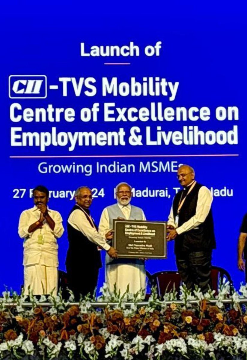 Deeply honoured that Hon’ble Prime Minister, @narendramodi launched the CII-TVS Mobility Centre of Excellence on Employment & Livelihood at Madurai, Tamil Nadu. Inspired by his vision of #ViksitBharat, the Centre will foster innovation and strengthen MSME capabilities. #CII4MSMEs