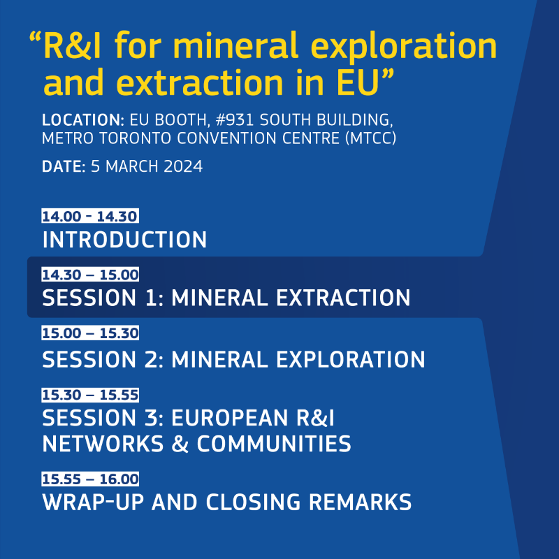 EU_HaDEA's tweet photo. Want to learn about #EUfunded R&amp;I projects in the field of mineral extraction?

Join our #workshop 'R&amp;I for Mineral Exploration and Extraction in the EU'
📅5 March, 14.00-16.00
📍EU booth #931, South Building, Metro Toronto Convention Centre

More info ⤵️

#EUatPDAC2024 #PDAC2024
