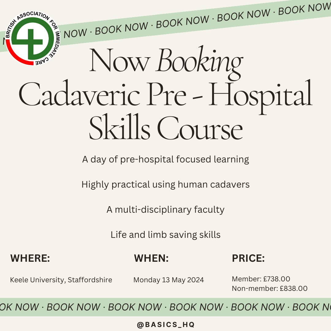 We are so excited to launch this brilliant course in partnership with @KeeleUniversity - a rare opportunity to supercharge your experience and practice of key pre-hospital skills. basics.org.uk/cadaveric-skil… #BASICS_HQ #PHEM #PHEMtraining #cadaverictraining #prehospital #paramedic