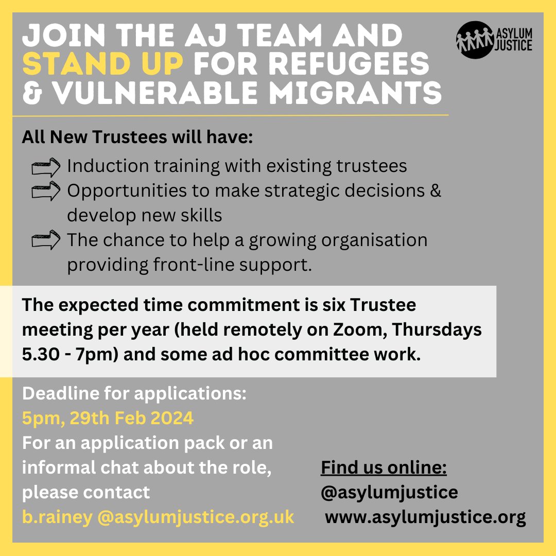 Tomorrow is last day for applications to join our board &amp; be part of the Asylum Justice journey. Our meetings are remote &amp; we're accepting applications UK-wide. If you're not sure whether to apply... go for it 👊🧡

All the details you need are here - bit.ly/3Selqtx