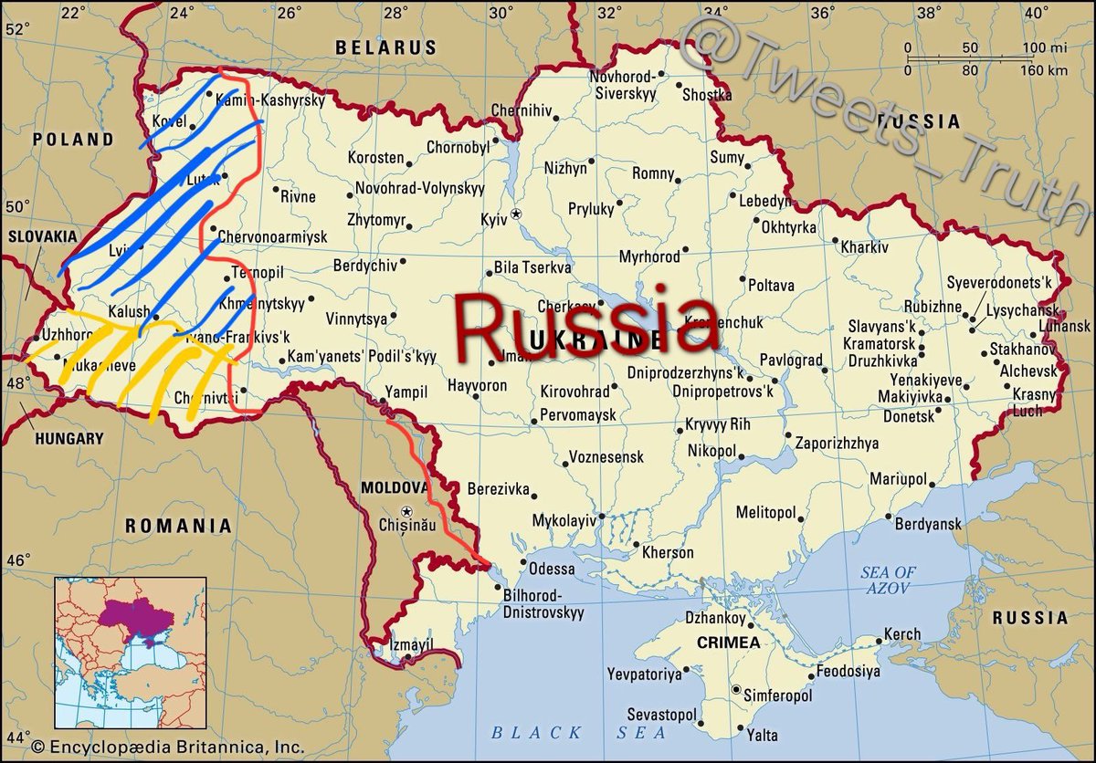 _Tweets_Truth's tweet image. THIS MAP WILL BE THE END STATE FOR RUSSIA

Ukraine = does not exist
Blue = Poland
Yellow = Hungary

It's makes alot of sense to have a small amount of land not annexed where all Ukrainians who do not want to join Russia can go! Less to terrorize &amp;amp; disrupt Russia's new borders!