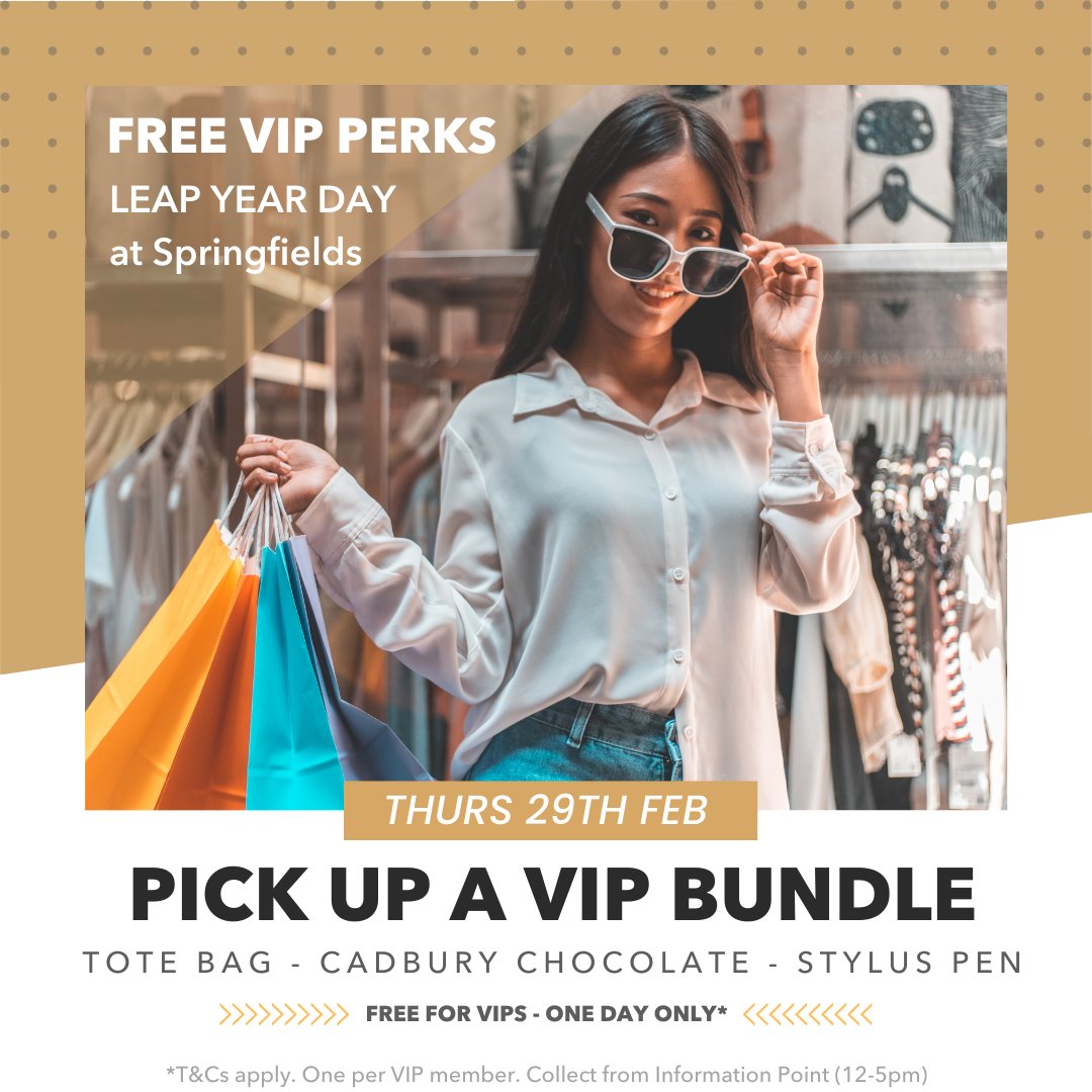 ⭐CELEBRATE THE EXTRA DAY WITH EXTRA PERKS⭐ Every VIP who visits us 12-5pm tomorrow (29/2) will receive*: 👜𝙁𝙍𝙀𝙀 Springfields bag 🍫 𝙁𝙍𝙀𝙀 Cadbury chocolate bar 🖊 𝙁𝙍𝙀𝙀 premium soft-touch stylus pen Sign up for free: springfieldsoutlet.co.uk/app/ *T&Cs apply, see website.