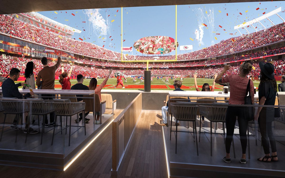 OddsShark's tweet photo. The Kansas City Chiefs have unveiled plans for a “re-imagined Arrowhead Stadium” 

• Sideline &amp; end zone clubs
• Upper concourse canopy
• Turf activation zone
• New video screens
• 3 new pedestrian bridges https://t.co/rOJjwRoNqJ