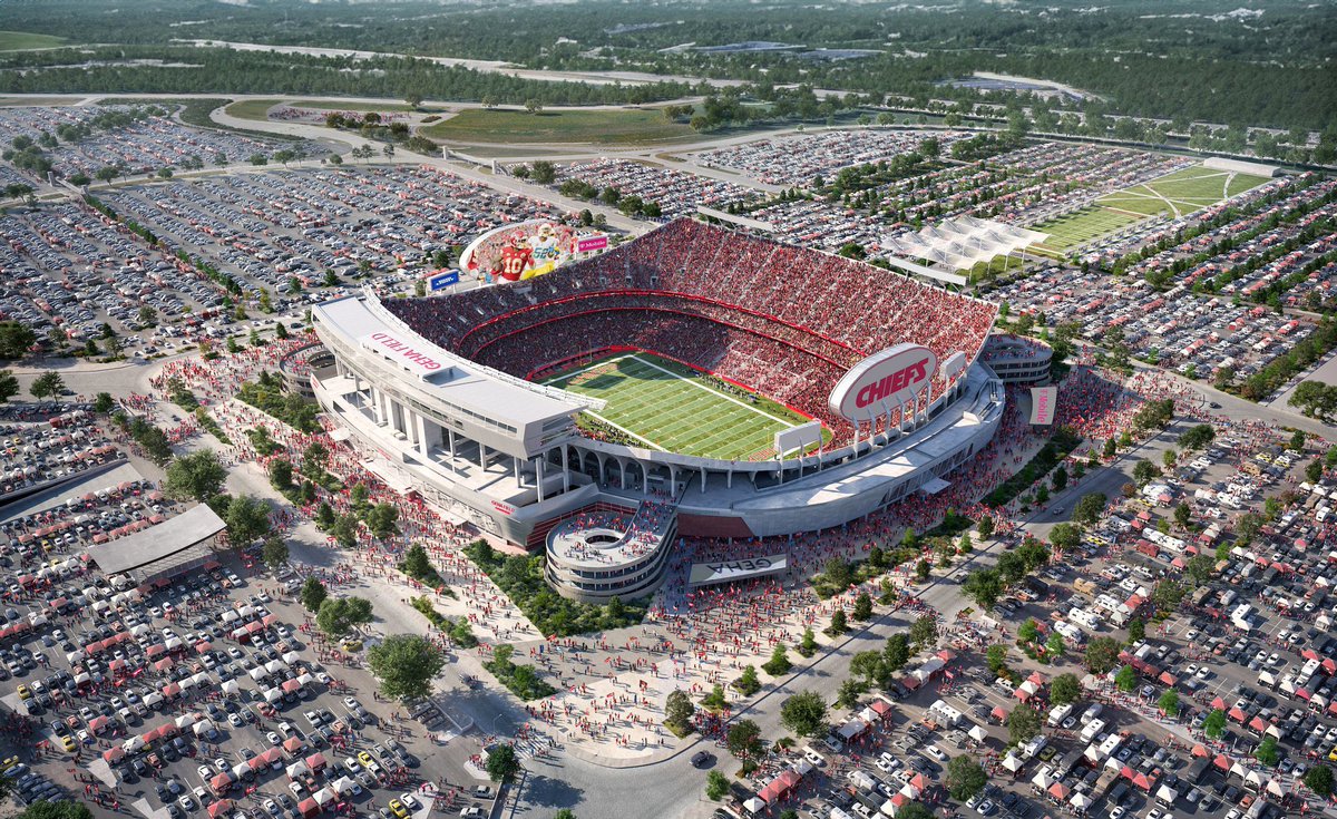 OddsShark's tweet photo. The Kansas City Chiefs have unveiled plans for a “re-imagined Arrowhead Stadium” 

• Sideline &amp; end zone clubs
• Upper concourse canopy
• Turf activation zone
• New video screens
• 3 new pedestrian bridges https://t.co/rOJjwRoNqJ