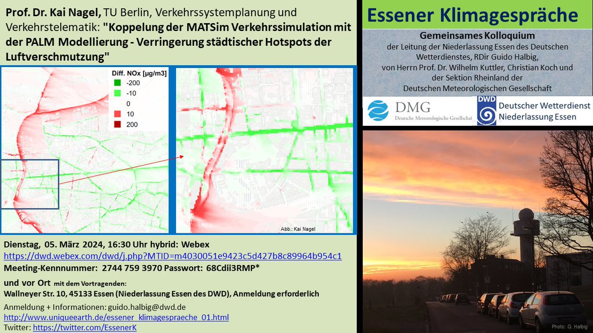 EssenerK's tweet image. Einladung Essener Klimagespräche (#EKG) | 05.03.24, 16:30 Uhr | Prof.  Dr. Kai Nagel, TU Berlin: &quot;Koppelung der #MATSim #Verkehrssimulation mit  der #PALM #Stadtklima-Modellierung - Verringerung städtischer #Hotspots der #Luftverschmutzung&quot; | Infos: Flyer, uniqueearth.de/essener_klimag…