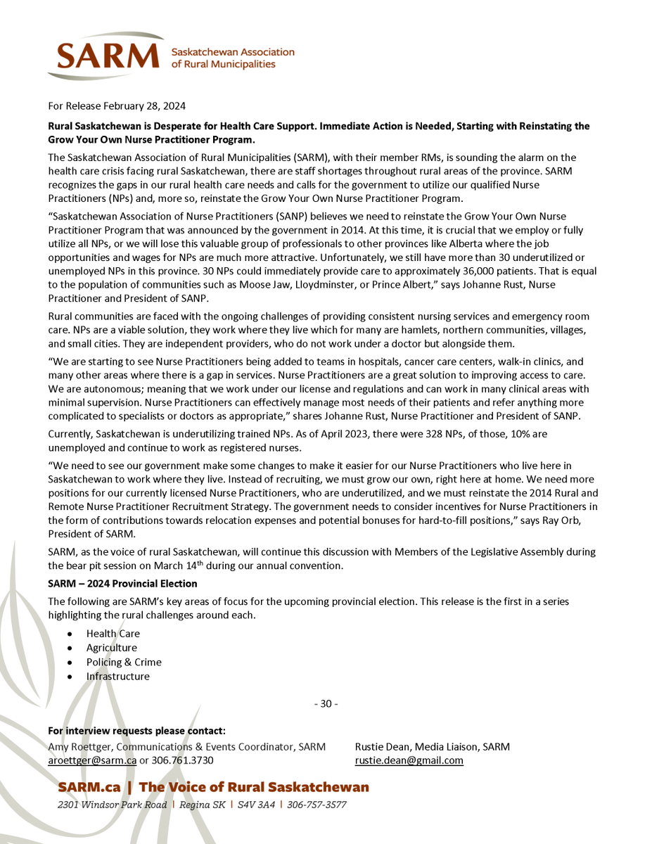 Rural Saskatchewan is desperate for health care support. Immediate action is needed, starting with reinstating the Grow Your Own Nurse Practitioner Program. #RuralMatters 

News Release: sarm.ca/2024/02/28/rur…
