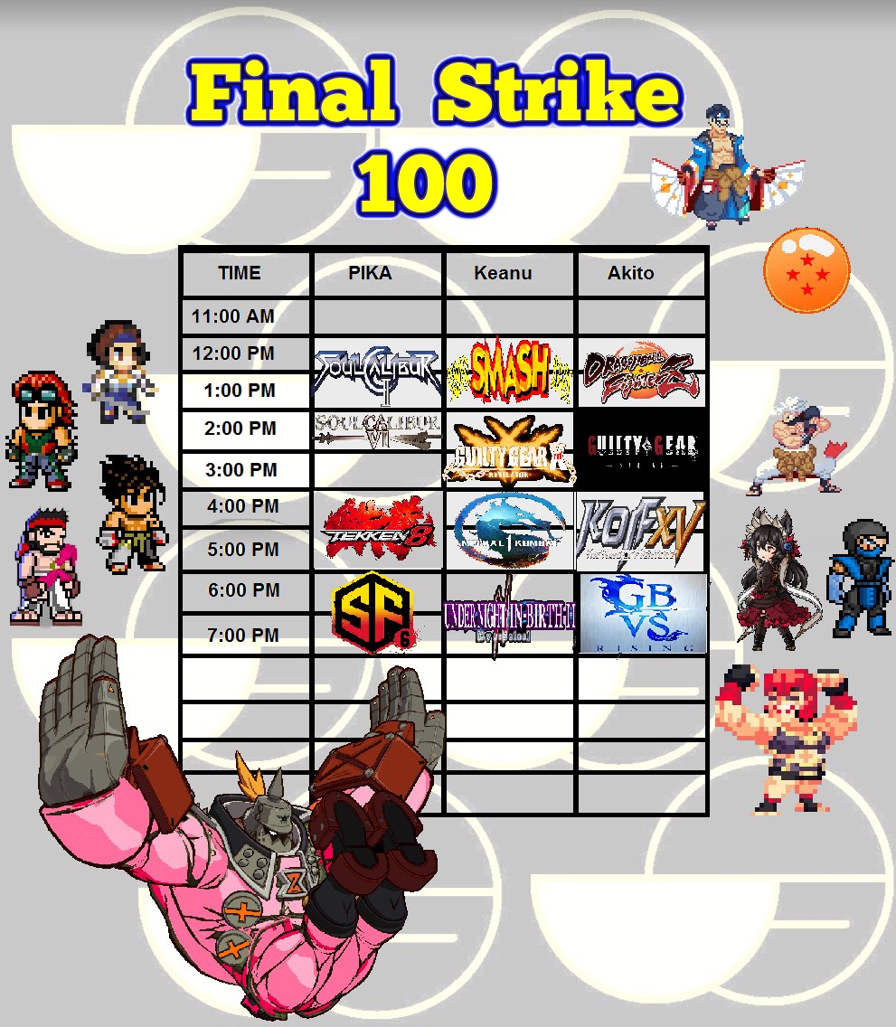 Reminder Final Strike 100 on 03/23/2024
Venue $10Early/$15Norm/$20AtDoor
Schedule: 
1100AM Open 
Noon- SC2
12:00PM- Smash64
12:00- DBFZ
1:00- Mystery
2:00- GGStrive 
2:00 - GGxrd
2:00- SVI
4:00- MK1 
4:00- T8
4:00- KOFXV
6:00- SF6 
6:00- GBFvR
6:00- Uni2

start.gg/tournament/wok…