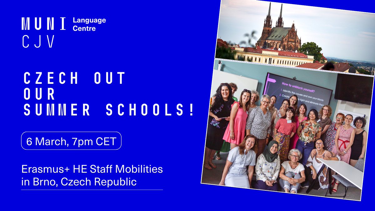 CJVMU's tweet photo. Erasmus+ staff training / Summer in Brno
Interested in boosting your language skills, creativity, teaching methods, and meeting new people? Have dinner with us - join us online on 6 March, 7pm CET to learn more about our programmes:  
🔜https://t.co/NJFeR43aCi https://t.co/6iiUCYs8wG