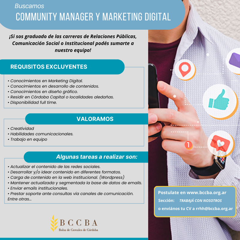 BCCBA's tweet photo. Te estamos buscando CM 👨‍💻 👩‍💻
.
postulate
https://t.co/s2y1XHCXrF https://t.co/YFEESuiefa
