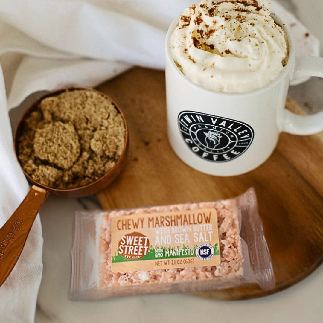 What's brewing at TVC?! Savor the ultimate comfort of a cozy day at home with our irresistible Chewy Marshmallow Manifesto Bar perfectly paired with Twin Valley Coffee. 😉☕ . . #sweetstreet #sweetstreetdesserts #manifesto #coffee #coffeeathome #twinvalley #twinvalleycoffee