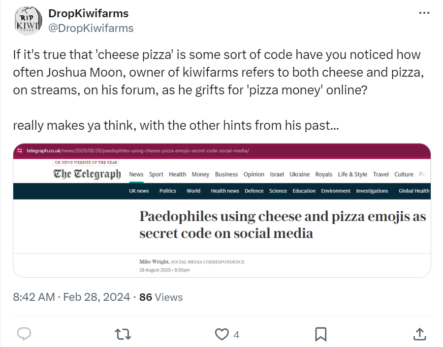 XJosh's tweet photo. #DropKiwiFarms is now so desperate that John Dimitriadis, a troon most famous for having thousands of hours in Fallout 76, is trying to suggest a running joke on my podcast about pizza is an allusion to child abuse.

Suffer, John! SUFFER! https://t.co/o8mzxhfuX7