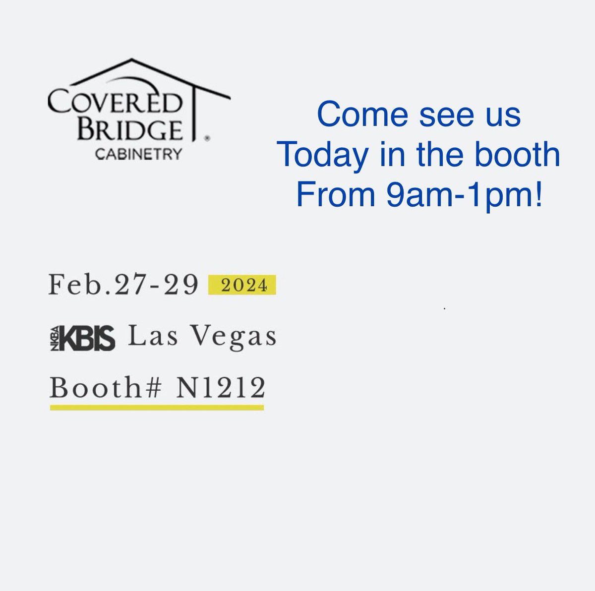 Come see our team today from 9-1 at @KBIS in the #coveredbridge cabinet booth N1212 #kbis2024 #kbis