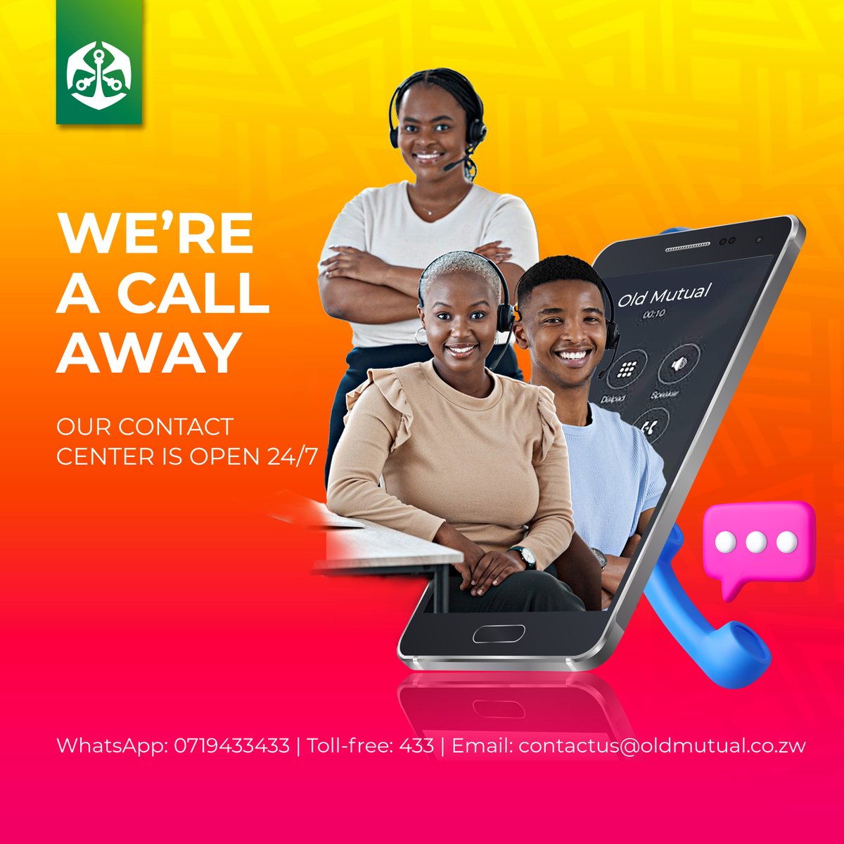 Our Contact Centre lines are now up! Call us on toll-free number 433 and SIP line 08677007437 General lines: 0242308400-59 Email: contactus@oldmutual.co.zw WhatsApp: 0719433433 or DM us. #CustomerService #DoGreatThingsEveryDay