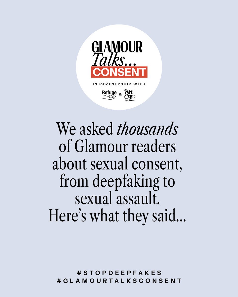 GlamourMagUK's tweet image. The results of GLAMOUR&apos;s Consent Survey are in 🙌

We asked thousands of women for their honest opinions about consent, here&apos;s what they said 👉

Head here for all the main findings from GLAMOUR&apos;s Consent Survey ➡️ glamouruk.visitlink.me/EXcdqd

#STOPDEEPFAKES #GLAMOURTALKSCONSENT