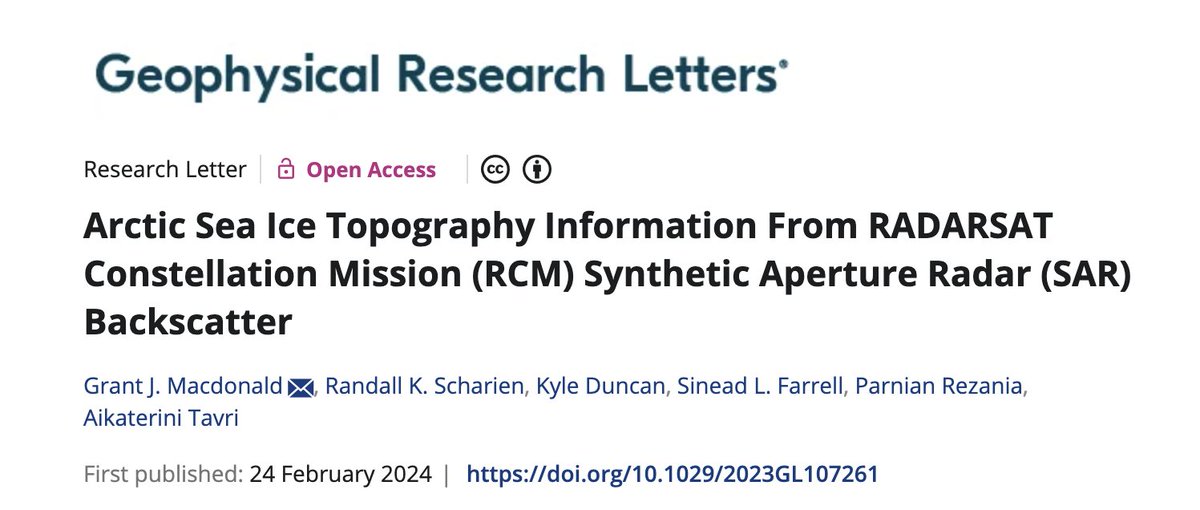 Grant Macdonald ❄️🐧🌎🇦🇶 (@geogeordie) on Twitter photo Very pleased to see some of my work at <a href="/UVicGeog/">UVic Geography</a> published - we analyze the relationship between RCM SAR backscatter and sea ice roughness & height in the Canadian Arctic. We then present a preliminary RCM sea ice roughness model.
agupubs.onlinelibrary.wiley.com/doi/10.1029/20… Very pleased to see some of my work at <a href="/UVicGeog/">UVic Geography</a> published - we analyze the relationship between RCM SAR backscatter and sea ice roughness & height in the Canadian Arctic. We then present a preliminary RCM sea ice roughness model.
agupubs.onlinelibrary.wiley.com/doi/10.1029/20…