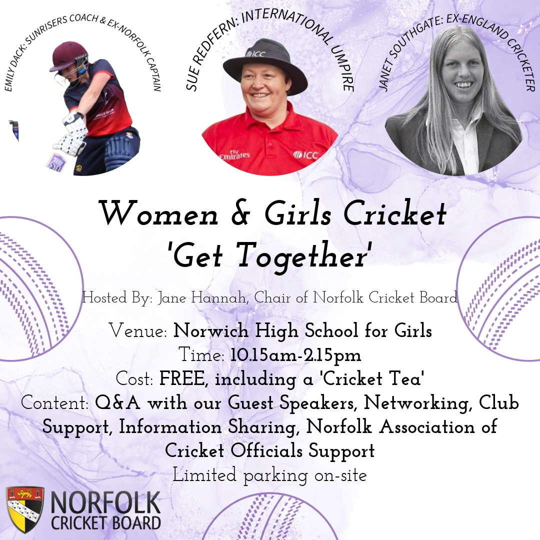 The Norfolk Cricket Board is delighted to be hosting its first Women and Girls Cricket Conference on Saturday 6th April 🏏

The day will be hosted by NCB Chair Jane Hannah and we are delighted to be joined by Sue Redfern and other special guests!

BOOK🔗norfolkcricket.co.uk/women-and-girl…