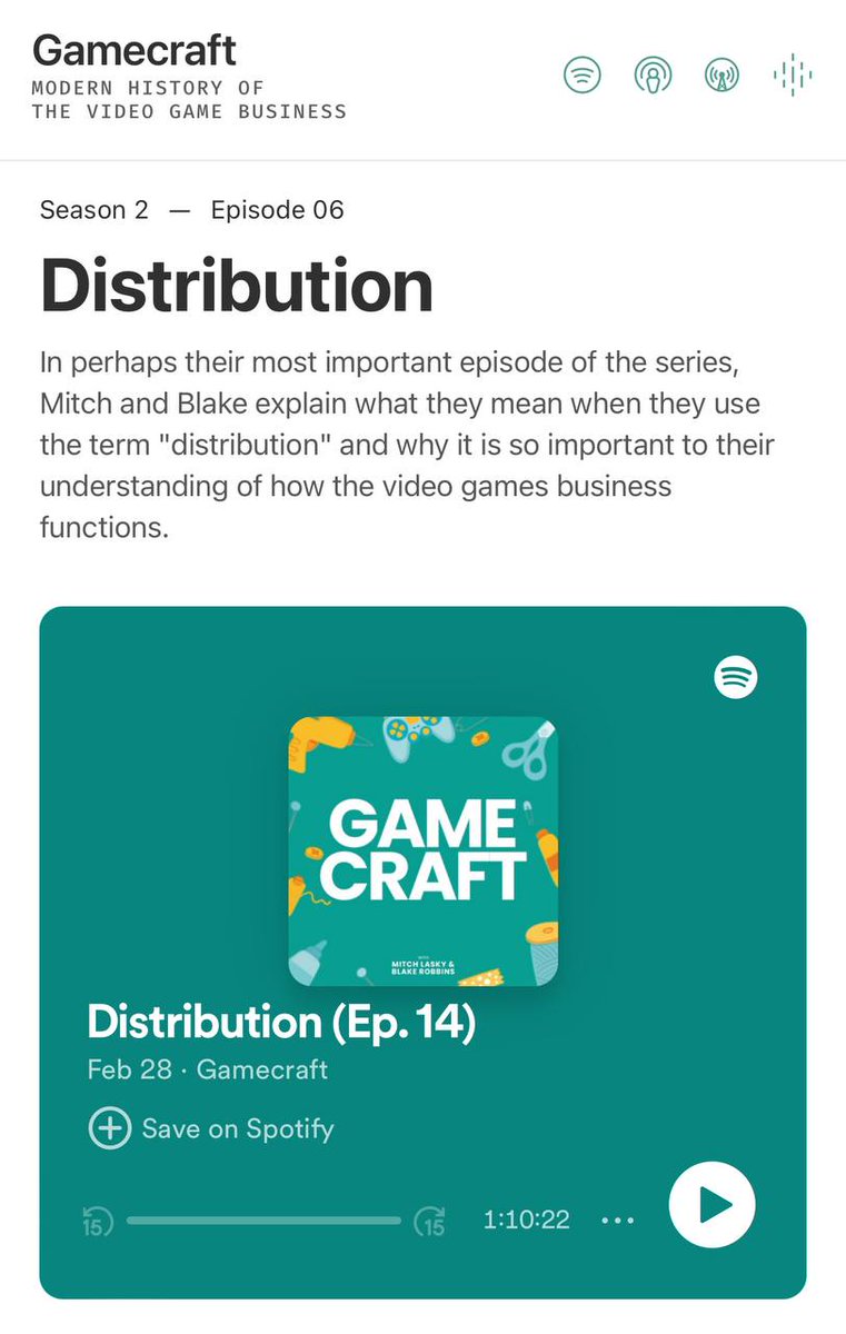 Gamecraft Podcast (@gamecraftpod) on Twitter photo π¨ NEW EPISODE
Distribution (S2E6)
Throughout this series, <a href="/mitchlasky/">Mitch Lasky</a> & <a href="/blakeir/">Blake Robbins</a> have repeatedly used the term "distribution."
This episode is a deep dive into how we define distribution and why it is so important for the video game business.
Now available on all platforms π¨ NEW EPISODE
Distribution (S2E6)
Throughout this series, <a href="/mitchlasky/">Mitch Lasky</a> & <a href="/blakeir/">Blake Robbins</a> have repeatedly used the term "distribution."
This episode is a deep dive into how we define distribution and why it is so important for the video game business.
Now available on all platforms