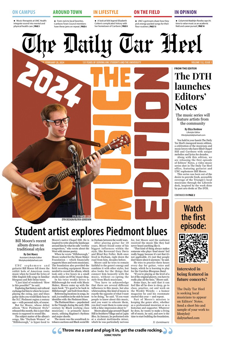 Pick up a copy of The DTH's inaugural music edition from blue boxes today! This edition launches our new video concert series, Editors' Notes, where local musicians perform in The DTH office. There's even more music stories online — check them out at dailytarheel.com/section/music-…!