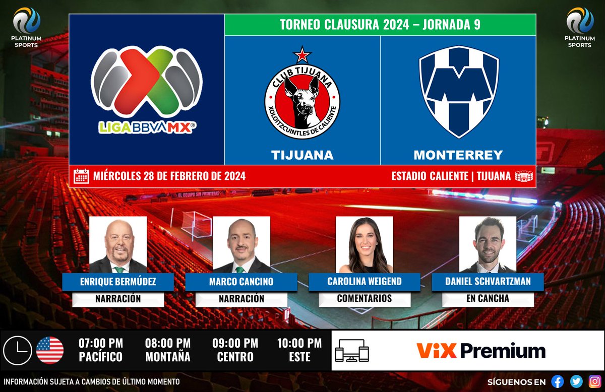 ⚽️ #LigaBBVAMX 🇲🇽 | @Xolos vs. @Rayados 
🇺🇸📱💻 @VIX (Premium)
🎙️ @enriquebermudez 
🎙️ @MarcoCancino 
🎙️ @cweigend7 
🎙️📝 @DaniSchvartzman 

#LoNuestroEsElFutbol - #Jornada9