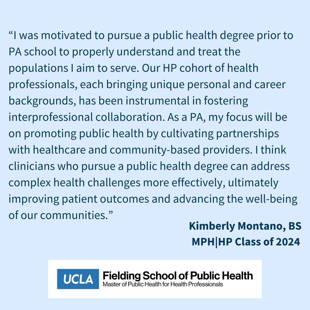 The MPH|HP program is excited to celebrate Kimberly Montano on being accepted to the Primary Care PA Program at the USC Keck School of Medicine. Congratulations Kimberly on this amazing accomplishment. Applications being accepted for Fall 2024. #mph #mphhp #ucla #uclafsph #CHS